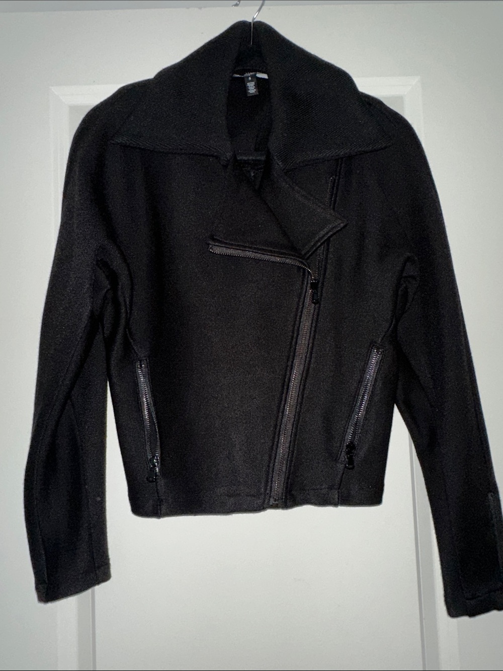 WHBM Black Cropped Moto Jacket, Stretch Material